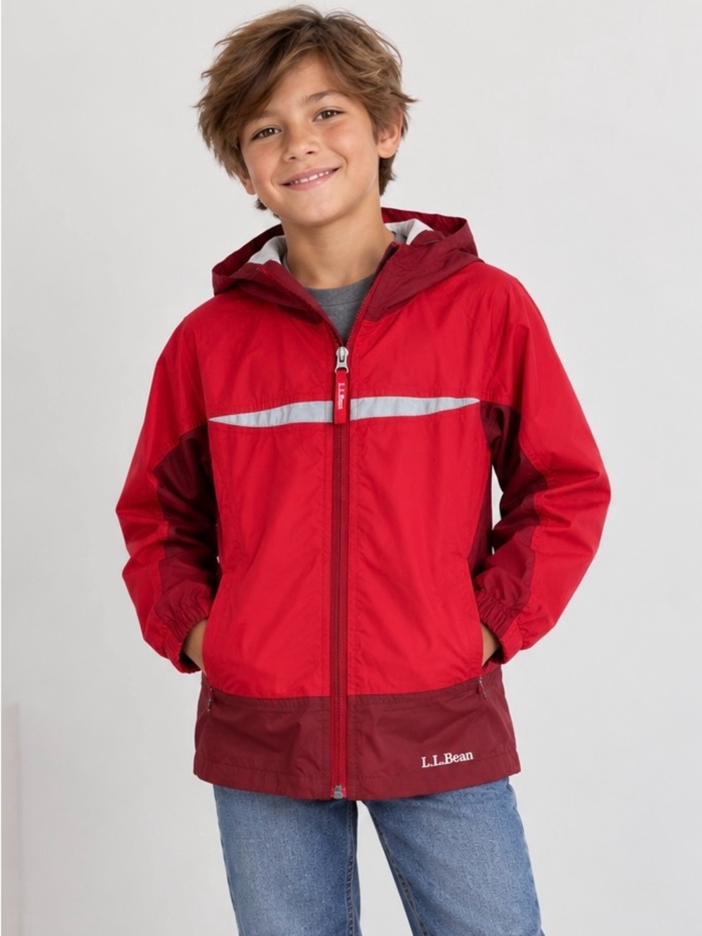 L.L.Bean Kids Packable Rain Jacket Red Maroon Reflective Hood M 10-12 Unisex